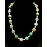 A Freshwater Seed Pearl and Shades of Green Agate Necklace. 12mm agate beads. 925 silver clasp. 44cm