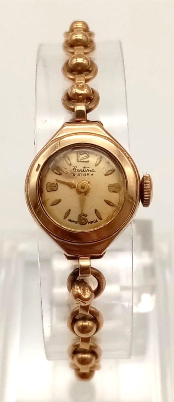 A Vintage 9K Gold Bentima Ladies Watch. 9k gold bracelet and case - 15mm. Mechanical movement - A/F.