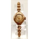 A Vintage 9K Gold Bentima Ladies Watch. 9k gold bracelet and case - 15mm. Mechanical movement - A/F.