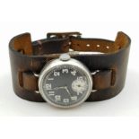 An Authentic 1923 Silver-Cased Rolex Marconi Officers Military Watch. Leather strap and silver