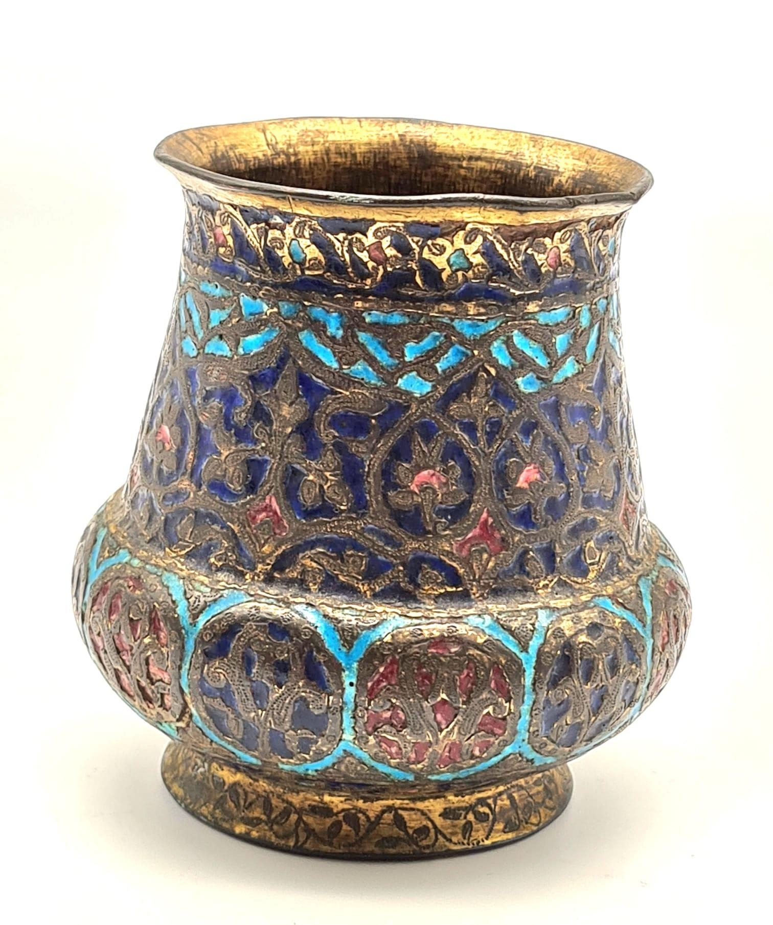 An Islamic Persian Ghajari Enamel Cloisonné Bronze Vase. 9cm. - Image 2 of 3