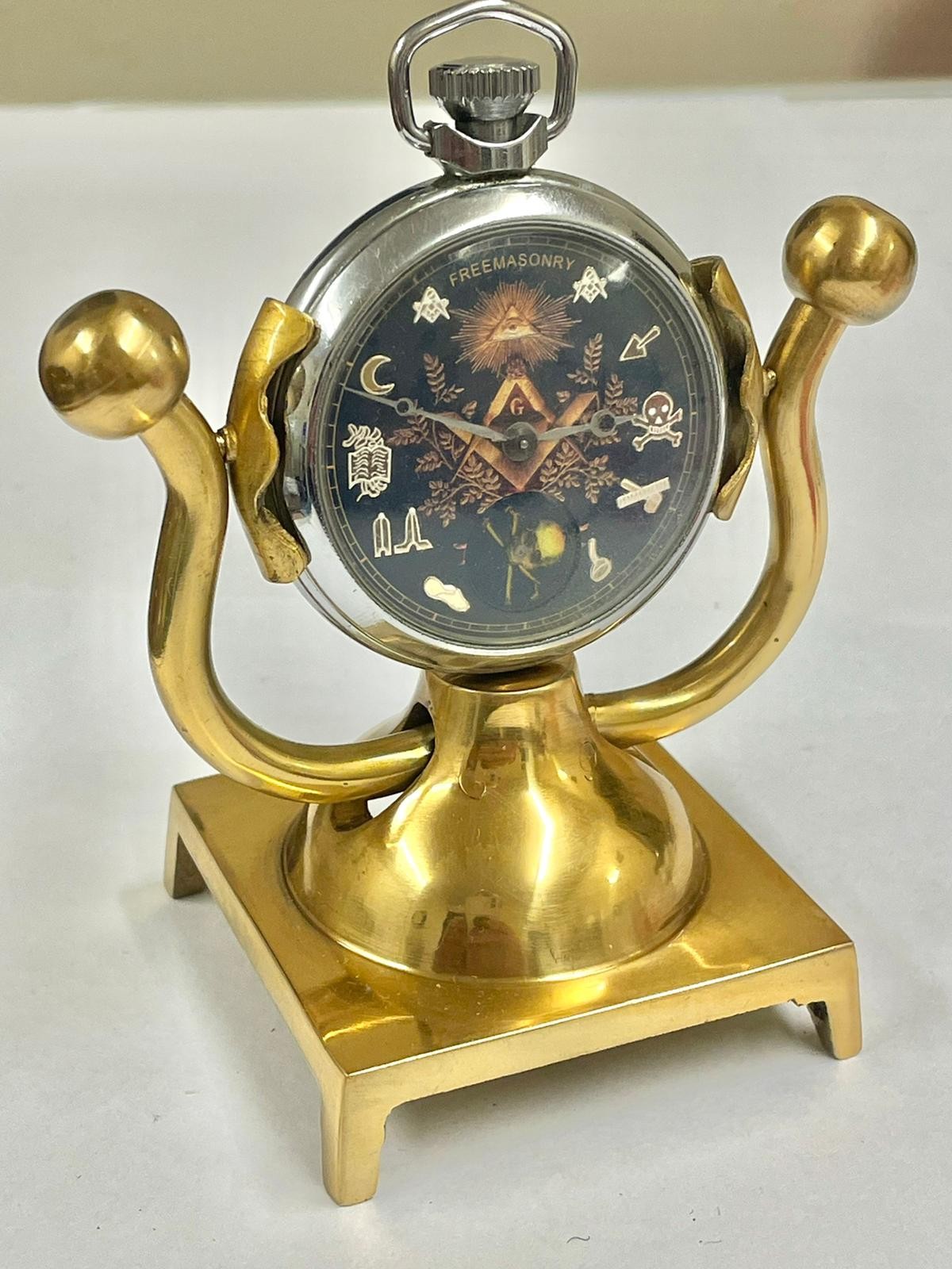 Vintage automaton rotating skull Masonic pocket watch & stand Working - Image 3 of 8