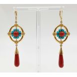 A Glamourous Pair of Antique Victorian 18K Gold Turquoise and Coral Drop Earrings. Central coral