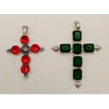 A Red and Green Stone Cross Pendant on 925 Silver Plated Backing. 4x 6cm largest cross.