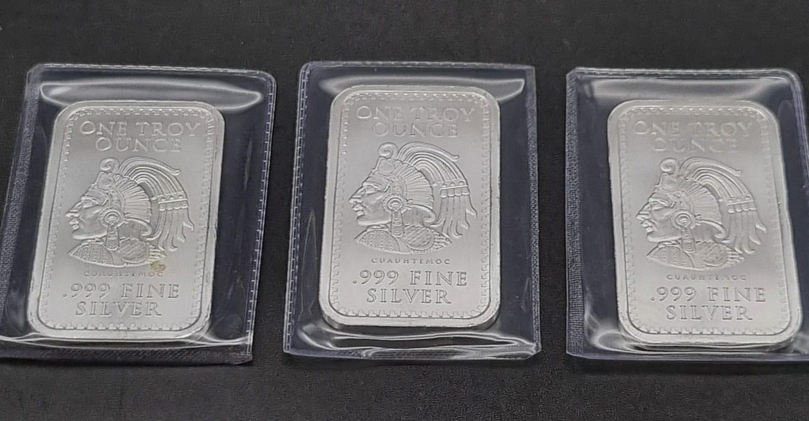 Three Pure Silver (.999) Aztec Calendar 1oz Ingots. 5 x 3cm. 3oz silver total weight.