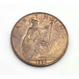 An 1896 Bronze Farthing Coin. Near Uncirculated. Obverse - Features the crowned and veiled bust ('