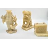 Antique two Chinese soapstone vase with lion dog foo. Vase: 15cm, Lion: 21cm with stand.