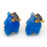 A Pair of Blue Jade 925 Gilded Silver Earrings. Frog decoration. 2cm.