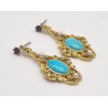 A Pair of 18K Yellow Gold Victorian Natural Turquoise Seed Pearl and Diamond Drop Earrings.