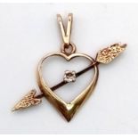 A Vintage 9K Yellow Gold Diamond Cupid Heart Pendant. 25mm. 0.8g