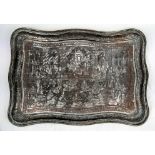Antique Persian ghajary Islamic 19th century silver copper tray carved with many figures of dancers,