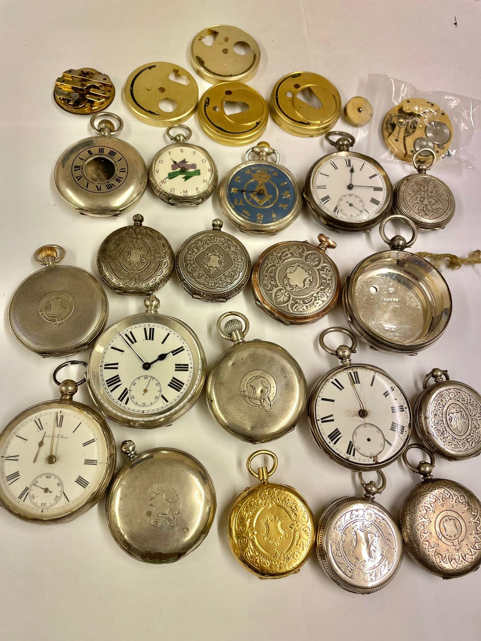 Antique & vintage silver pocket watches fusee, Waltham etc some ticking sold as found