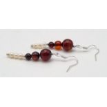 A Pair of 925 Silver Carnelian and Freshwater Seed Pearl Drop Earrings. 3cm