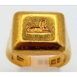 A Very Heavy Vintage 22K Sphinx Signet Ring. Size Q. 45.85g.
