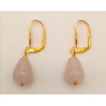 A Pair of 18K Gold Plated Rose Quartz Teardrop Earrings. Lever-back clasp.