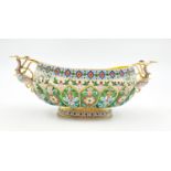 A Russian Silver Gilt Twin-Handle Bowl. Rich interior gilding. Cloisonné enamel and inlaid gem