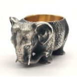 Russian gild solid silver elephant salt. Hallmarked to the base. 5cm x 3cm. Weight: 128 grams.