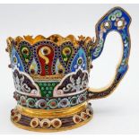 An Unusual Russian Silver and Cloisonné Enamel Tea Glass Cup Holder. Gem-set decoration with a
