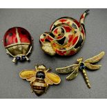 Set of four animal brooches, gold tone metal with bright enamelling work. Snake, ladybird, dragonfly