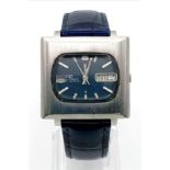 Seiko stainless steel oblong TV blue automatic 21 jewel watch with leather strap. 38mm x 34mm. 25cm.