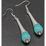 A Pair of Stylish 925 Silver Blue Jade Teardrop Earrings. 4cm.