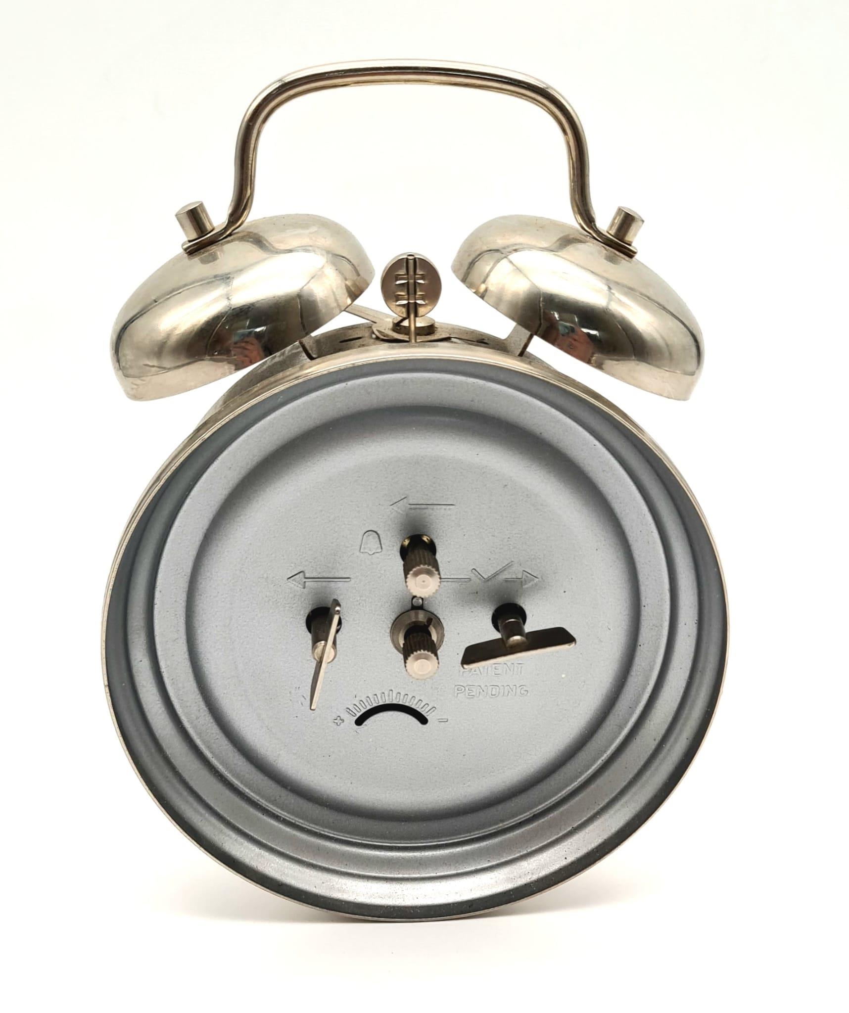 A Backwards Double Bell Alarm Clock. In working order. 16cm tall. - Image 4 of 5
