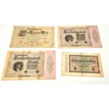 A collection of 4 Antique German Reichsbanknotes Including; a 1910 dated 1000, a 1923 dated 20000