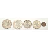 George VI Coins - 2 Half crowns, 42 and 45. Two, two shillings, 37 and 46 and a George V 1913