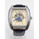 Prince London automatic skeleton back watch with leather strap. 52mm x 49mm. Length: 25cm.