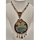 A Vintage Antique Mexican Mayan Inspired Pendant and Necklace. Made from copper, brass and enamel. 8