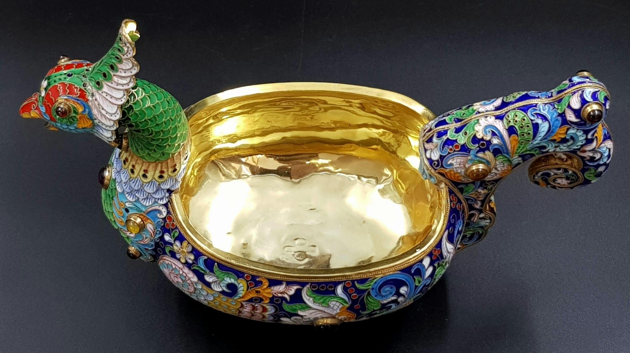 A Magnificent Russian Silver and Cloisonné Enamel Large Gem-Set Kovsh Bowl. Vivid colours with gem - Image 4 of 6