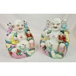Two Incredible Chinese Vintage Porcelain Laughing Buddha Figures each with Five Children. 33 by