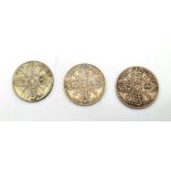 Three George V Silver Florin Coins - 1916, 18, and 20. Please see photos for conditions.