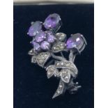 Vintage Scottish SILVER marcasite brooch with Heather coloured quartz gemstone detail. Complete with