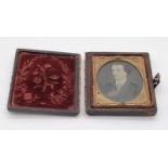 An Antique Victorian Hand-Painted Miniature Portrait of a Gentleman. Velvet and gilt interior with