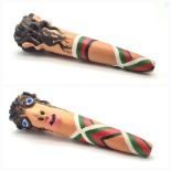 Two vintage Jamaican handmade smoking terracotta pipes. 19cm x 6cm, 17cm x 4cm.