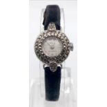 A Vintage Sterling Silver and Marcasite Opolis Ladies Watch. Leather strap. Case - 18mm.