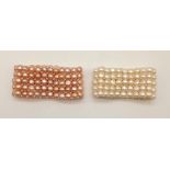 Two Cultured Freshwater Flatback Button Pearl Cufflink Expandable Bracelets. Five-row lattice