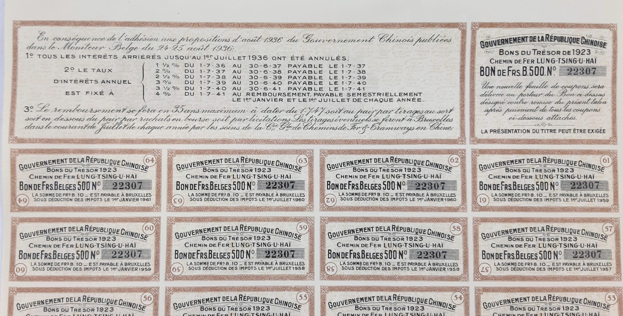 An Antique 1923 Republic of China Railroad Bond Certificate with Coupons - with two smaller exchange - Image 6 of 6