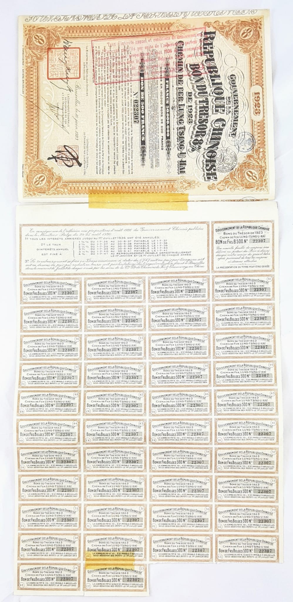 An Antique 1923 Republic of China Railroad Bond Certificate with Coupons - with two smaller exchange - Image 3 of 6