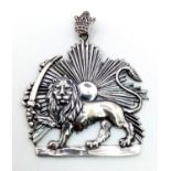 A Vintage Persian Lion and Sun Emblem Silver Pendant. 6cm.
