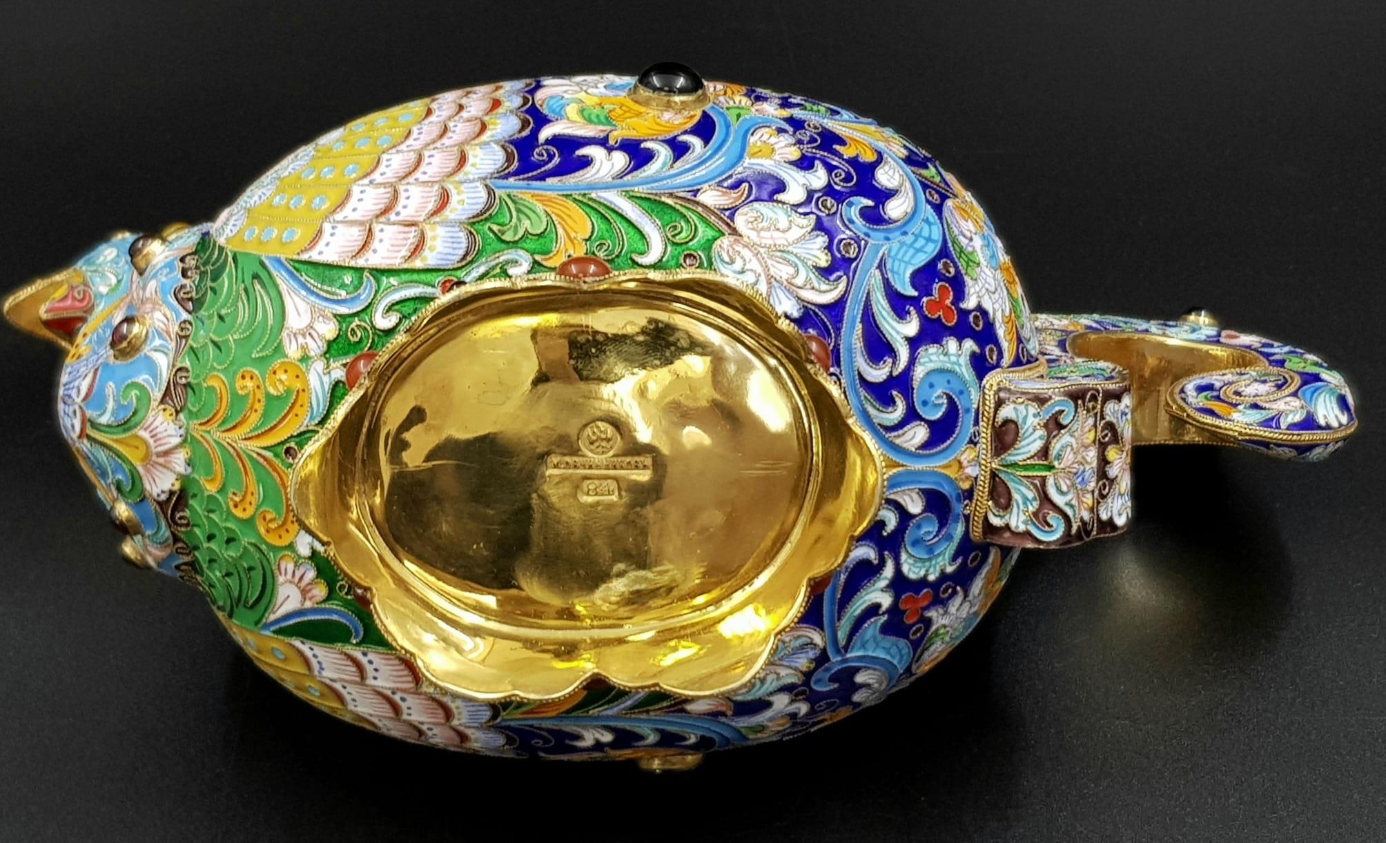 A Magnificent Russian Silver and Cloisonné Enamel Large Gem-Set Kovsh Bowl. Vivid colours with gem - Image 6 of 6