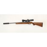 A Ruger Model 10/22 Semi Automatic Rifle. Good wood stock. Fitted Hawk Sport HD 3-9X50 scope and