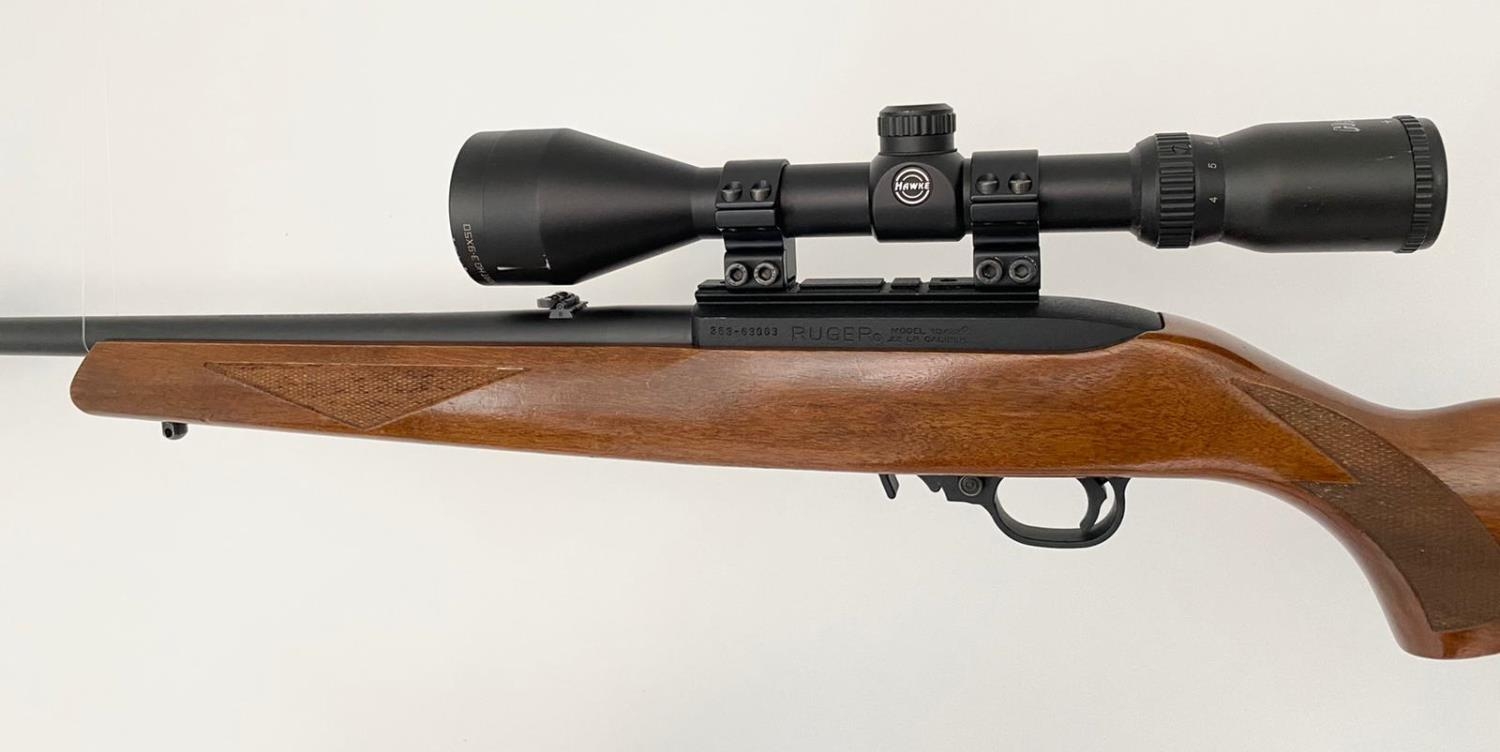 A Ruger Model 10/22 Semi Automatic Rifle. Good wood stock. Fitted Hawk Sport HD 3-9X50 scope and - Image 3 of 5