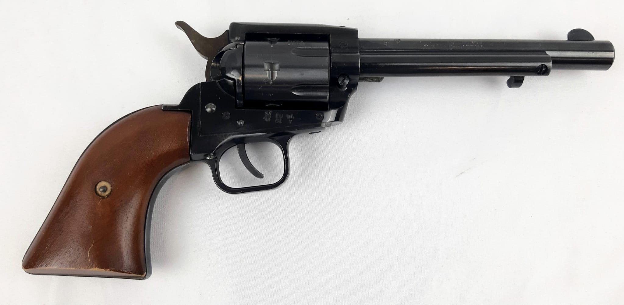 A SAXBY & PALMER COLT STYLE REVOLVER (DEACTIVATED) BLACK FINISH WITH WOODEN GRIPS.