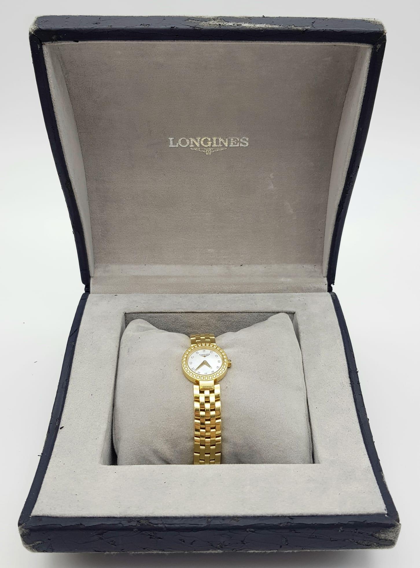 Longine ladies watch 18k diamond watch in original box and certificate. 54.3 grams. 19mm. - Image 3 of 7