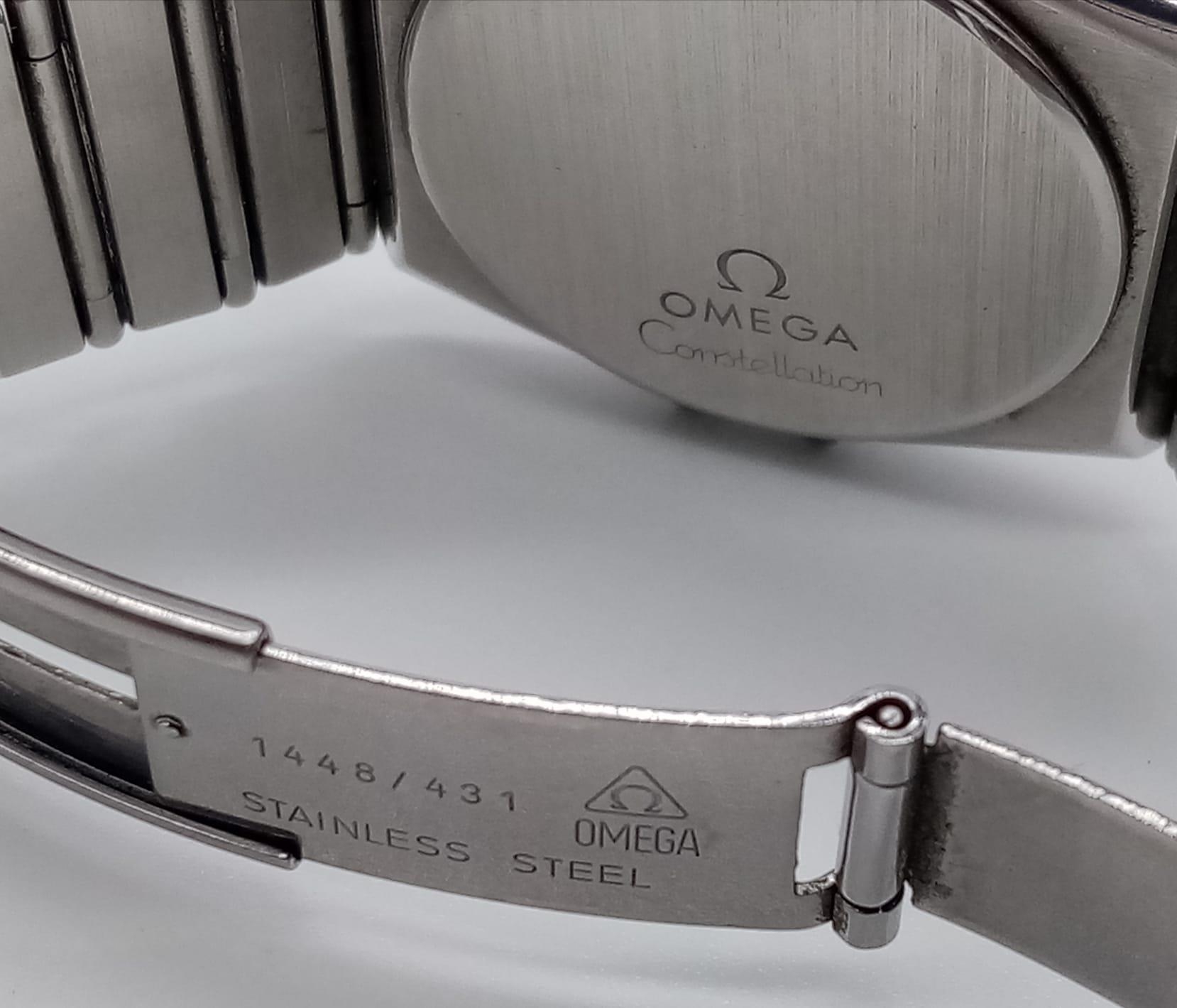 OMEGA CONSTELATION QUARTZ BRACELET WATCH WITH ORIGINAL BOX AND PAPERS. 32mm. Needs batteries. - Image 5 of 13