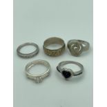 5 x SILVER RINGS To include gemstone,mother of pearl, textured etc. sizes K, L, L1/2 ,N. Condition