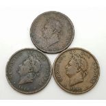 Three 1826 George IV Copper Penny Coin. VF condition but please see photos.