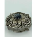 Antique SILVER filigree pill box having intricate work to lid and base with AGATE CABOCHON detail to